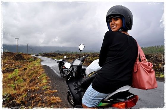 Manali On The Motorbike At The Foot of Mount Batur